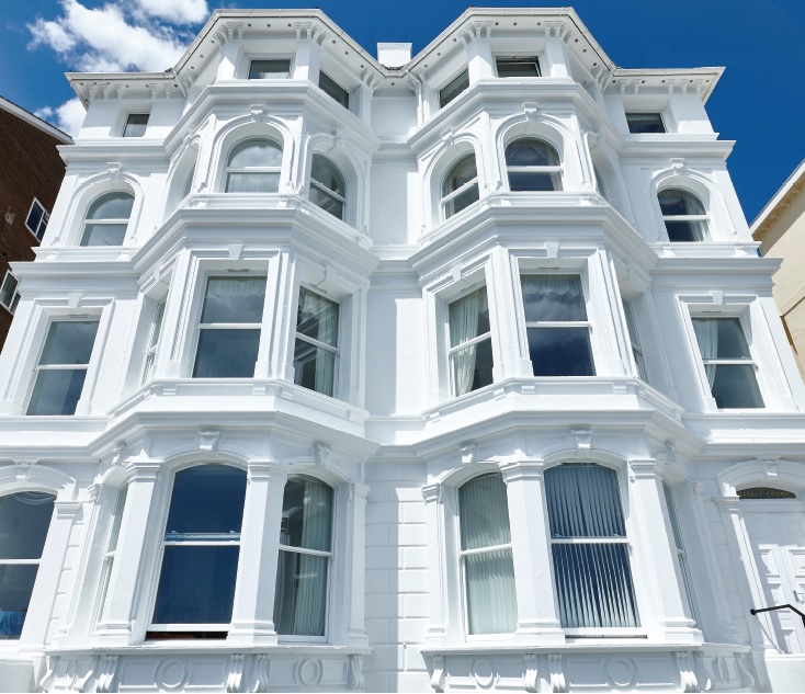 front look of Beverly Court, with new windows